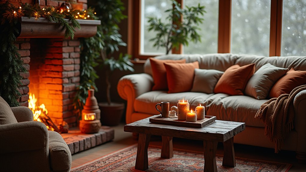 A living room with a fireplace and a couch
