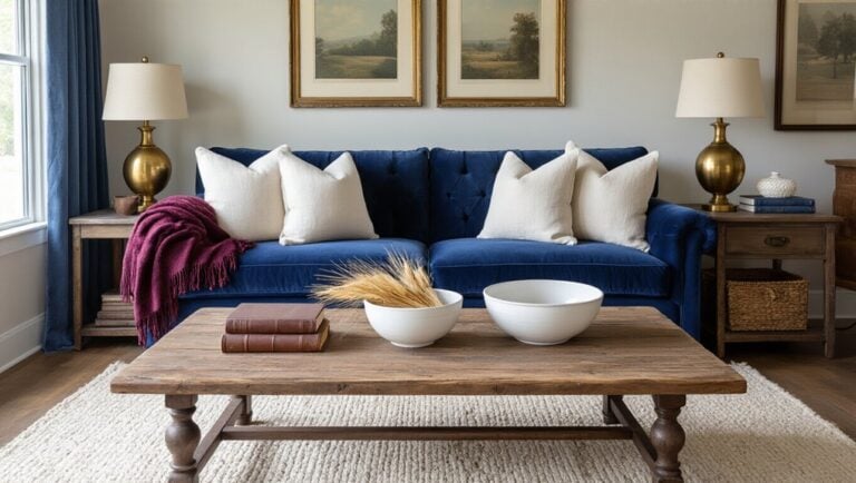 A blue velvet couch sits in front of a wooden coffee table.