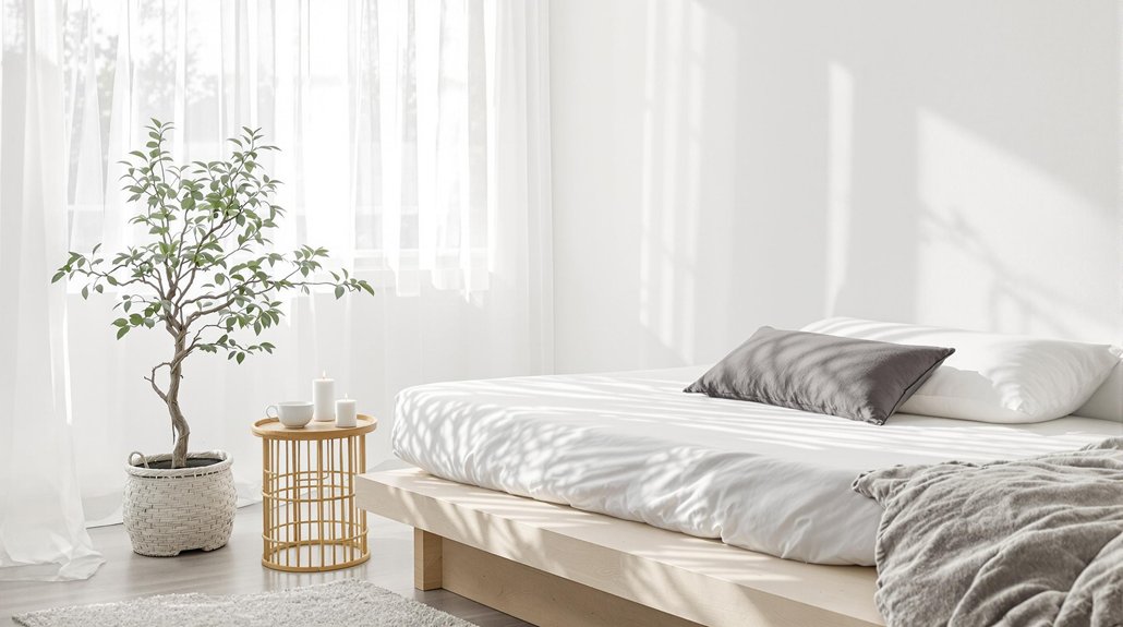 A white bedroom with a bed, a potted plant and a table
