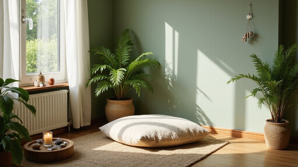 A room with a large potted plant and a rug.