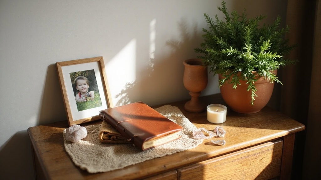 A baby's photo and a book on a table in a bedroom.