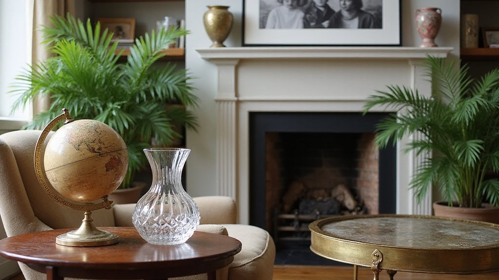 A living room with a globe, a chair and a potted plant.