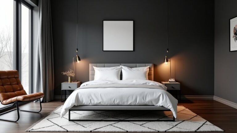 A modern bedroom with a bed, chair and window.