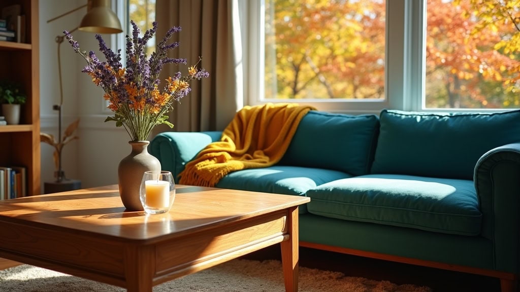 A blue couch sits in front of a window with a vase of flowers.