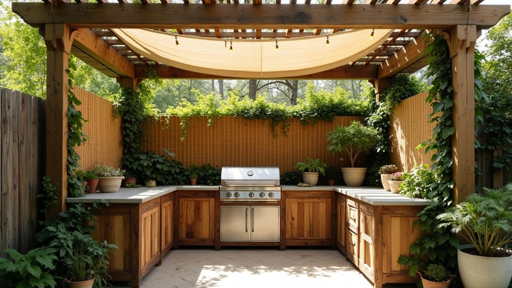A backyard kitchen with a grill and a pergol.