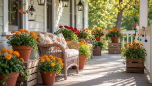 A porch with potted flowers and a wicker chair.