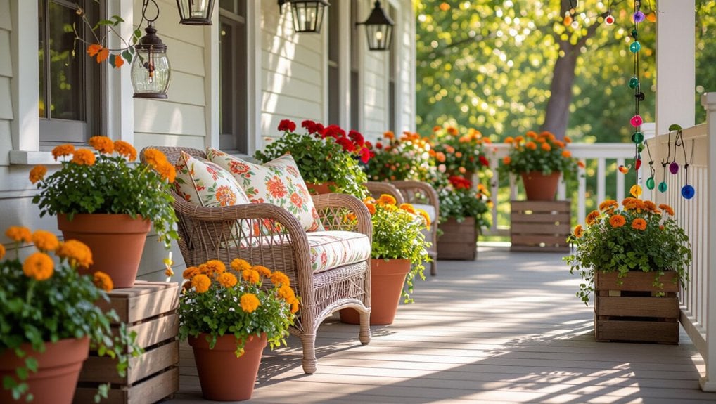 A porch with potted flowers and a wicker chair.